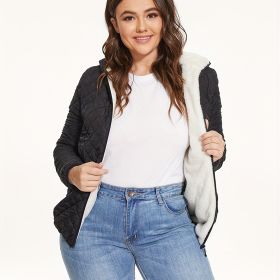 Slant Pockets Thermal Hooded Jacket, Casual Solid Long Sleeve Jacket For Fall & Winter, Women's Clothing (Color: Black, size: M(6))